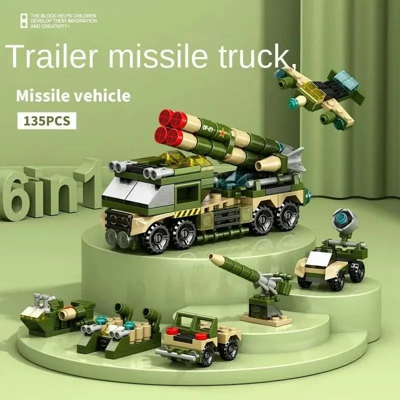 6-In-1 City Police Truck Mech Dinosaur Building Blocks, Tank Helicopter Fire Fighting Bricks, Kids Educational Toy