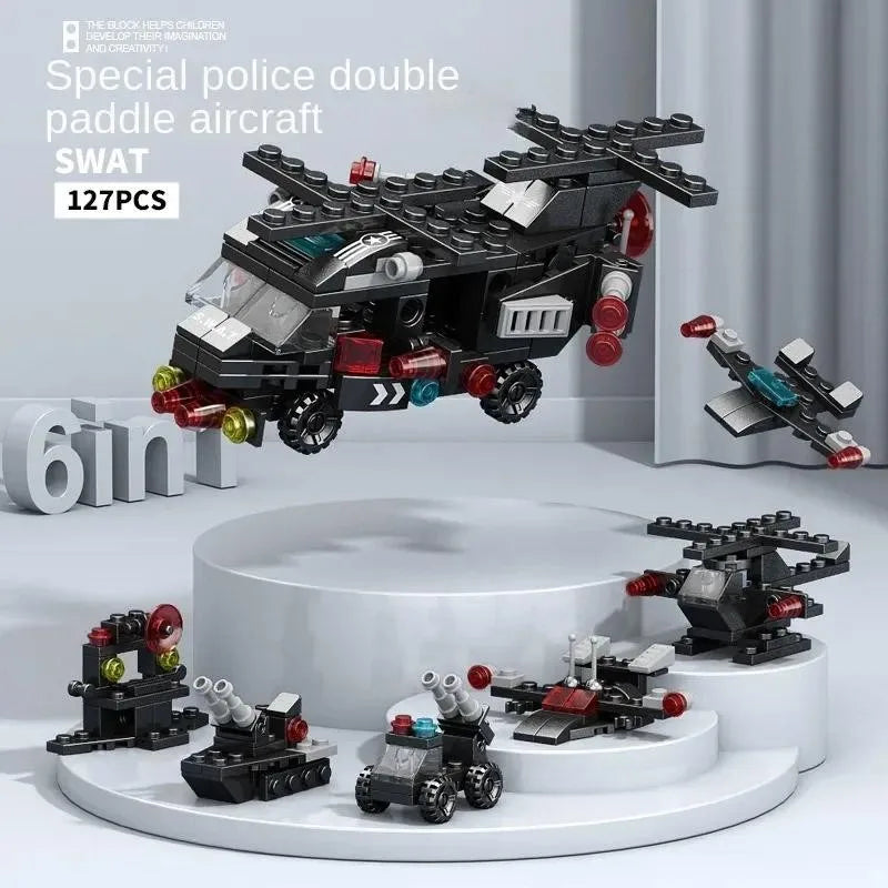 6-In-1 City Police Truck Mech Dinosaur Building Blocks, Tank Helicopter Fire Fighting Bricks, Kids Educational Toy