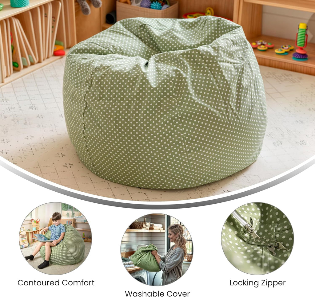Dillon Small Bean Bag Chair for Kids and Teens, Foam-Filled Beanbag Chair with Machine Washable Cover, Green Polka Dot