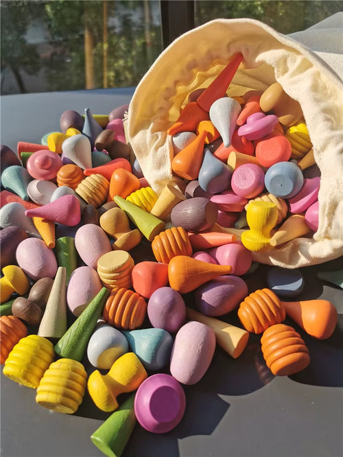 Children Rainbow Wood Blocks Loose Parts Toy Mushrooms Montessori Wooden Droplets Jigsaw