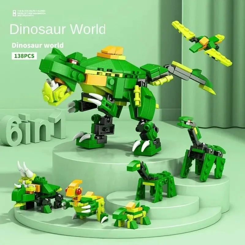 6-In-1 City Police Truck Mech Dinosaur Building Blocks, Tank Helicopter Fire Fighting Bricks, Kids Educational Toy
