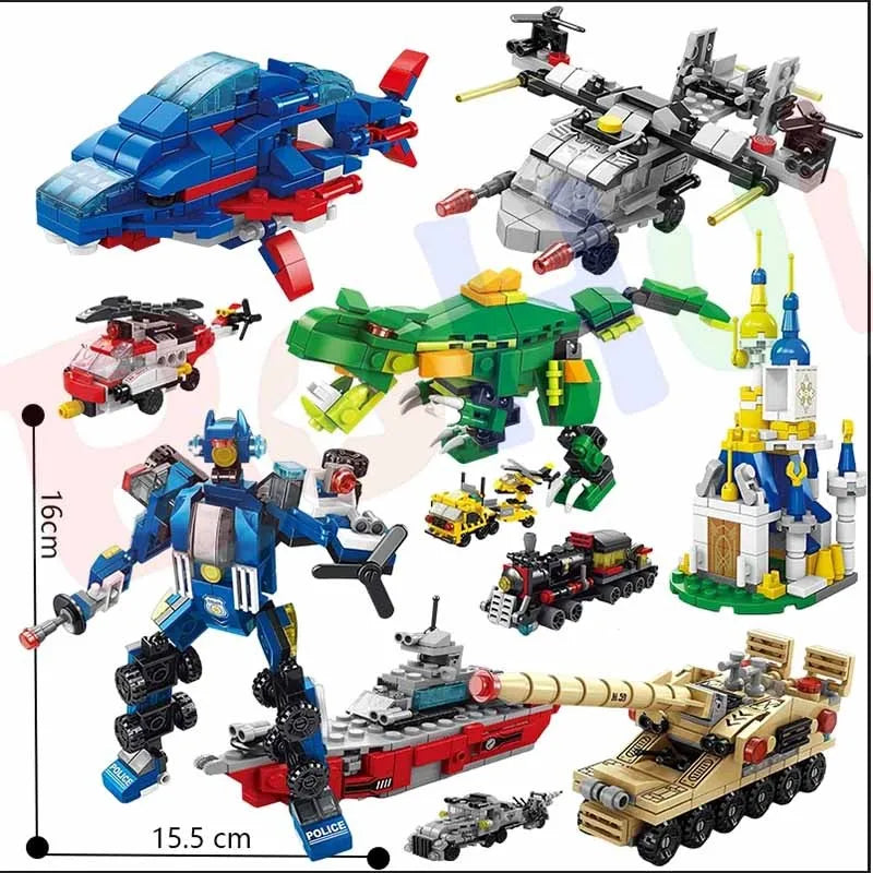 6-In-1 City Police Truck Mech Dinosaur Building Blocks, Tank Helicopter Fire Fighting Bricks, Kids Educational Toy