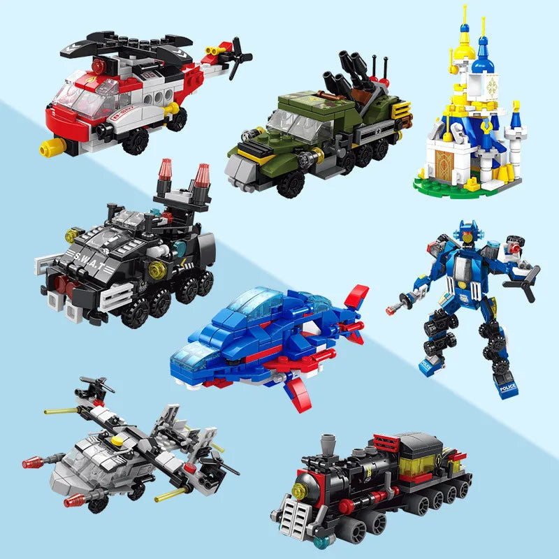 6-In-1 City Police Truck Mech Dinosaur Building Blocks, Tank Helicopter Fire Fighting Bricks, Kids Educational Toy