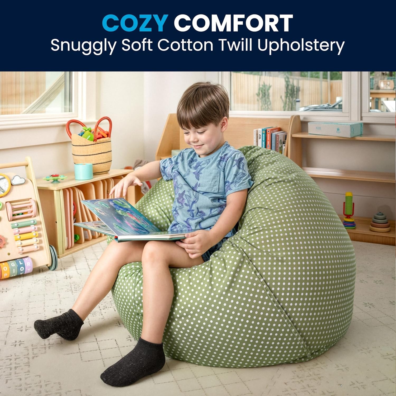 Dillon Small Bean Bag Chair for Kids and Teens, Foam-Filled Beanbag Chair with Machine Washable Cover, Green Polka Dot