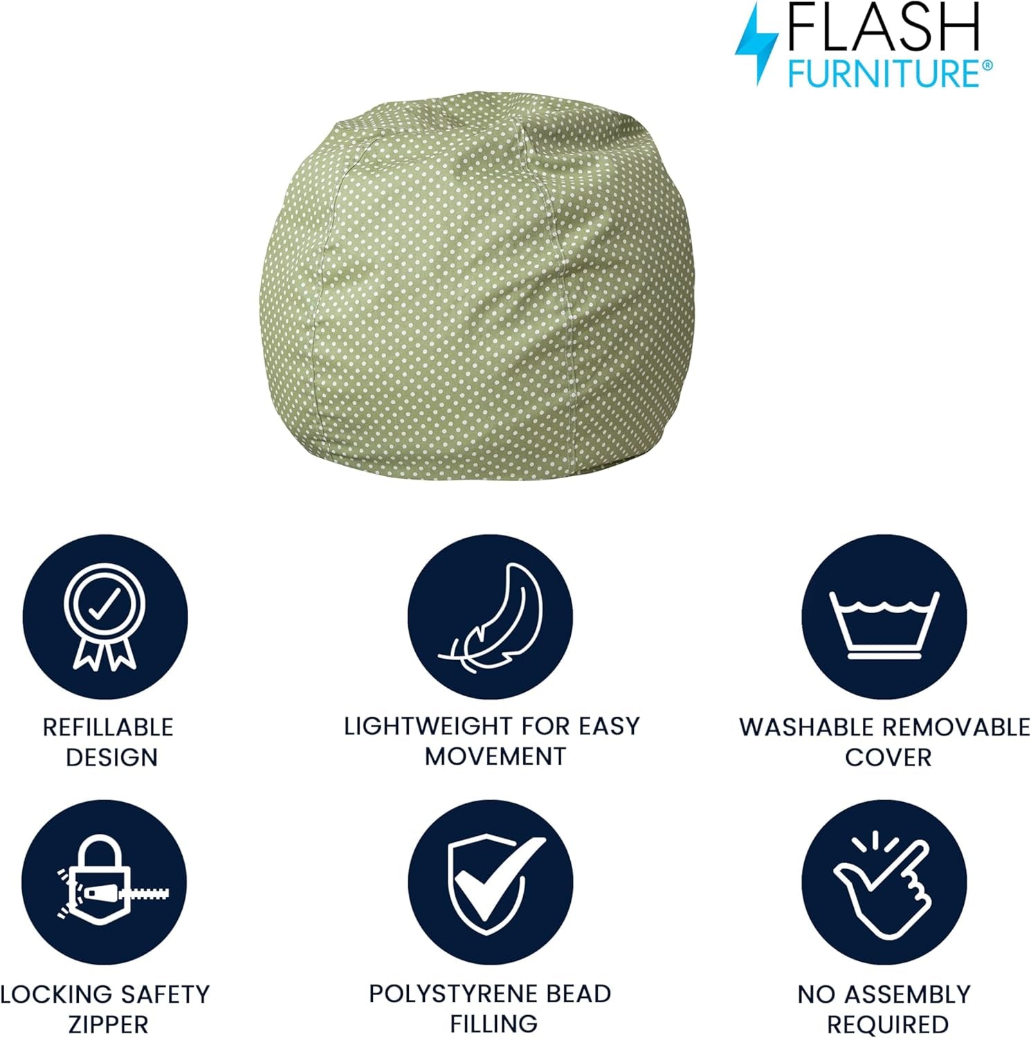Dillon Small Bean Bag Chair for Kids and Teens, Foam-Filled Beanbag Chair with Machine Washable Cover, Green Polka Dot