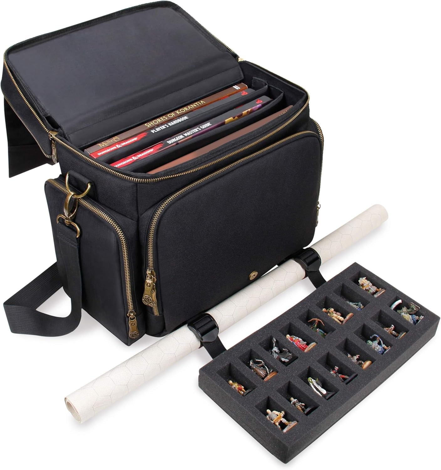 Tabletop Dnd Bag - RPG Adventurer'S Dungeons and Dragons Accessories Bag with Miniatures Storage, Mat Holder, Dnd Dice & Token Pockets, Fits 4-8 Dnd Books, DM Guide, Player'S Handbook (Black)