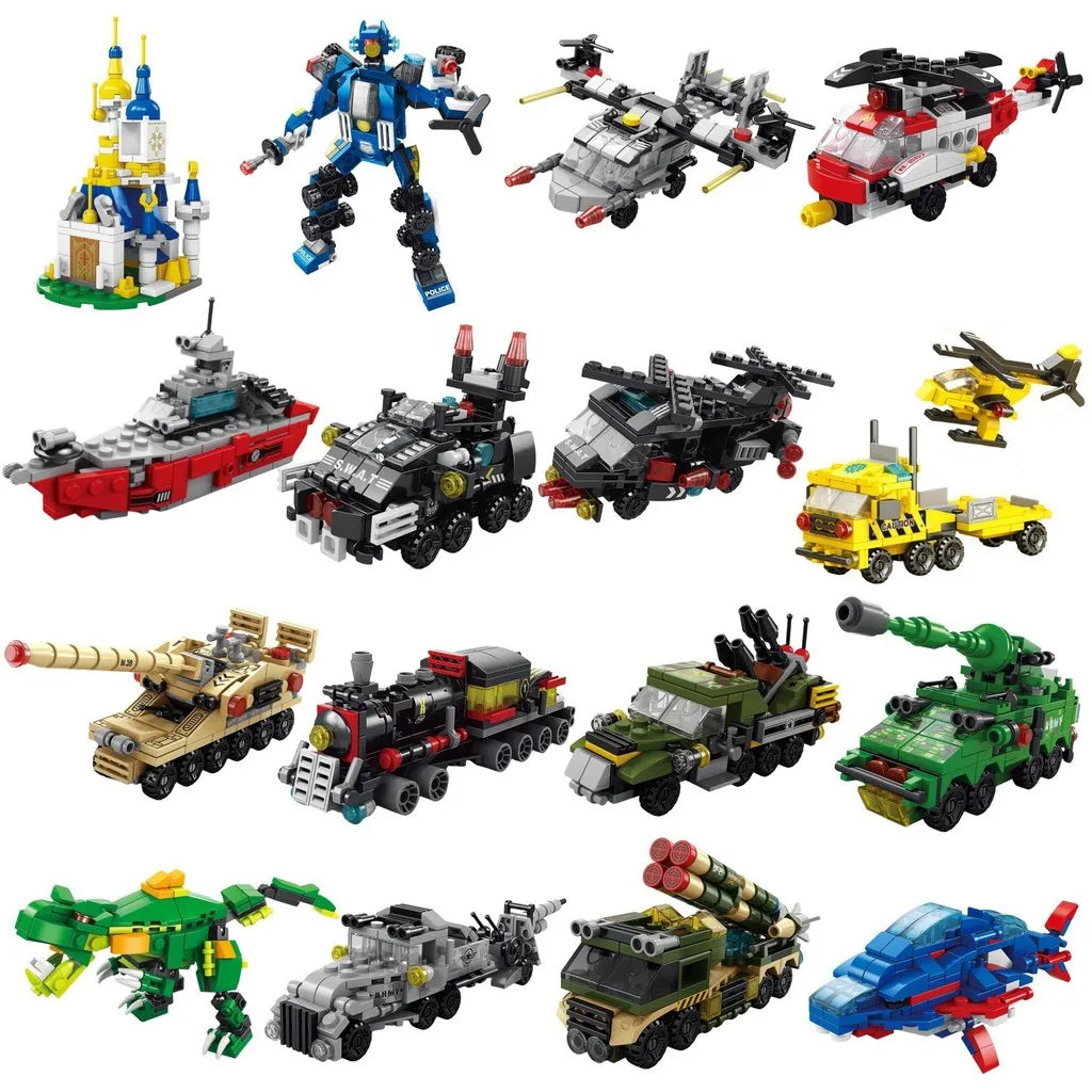 6-In-1 City Police Truck Mech Dinosaur Building Blocks, Tank Helicopter Fire Fighting Bricks, Kids Educational Toy