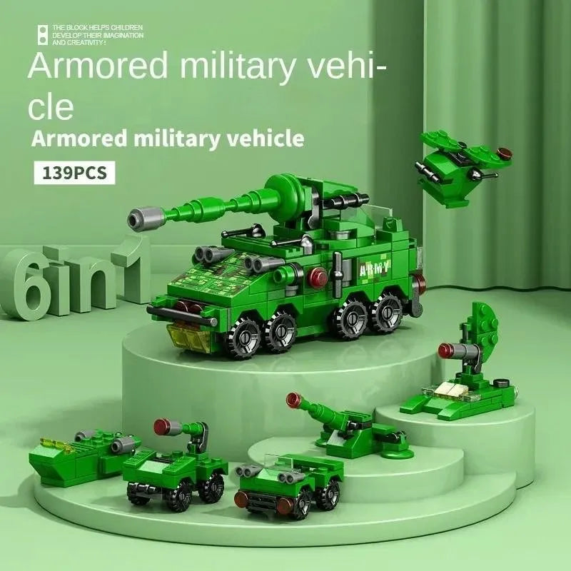 6-In-1 City Police Truck Mech Dinosaur Building Blocks, Tank Helicopter Fire Fighting Bricks, Kids Educational Toy