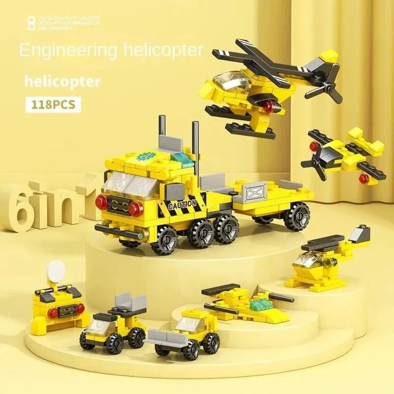 6-In-1 City Police Truck Mech Dinosaur Building Blocks, Tank Helicopter Fire Fighting Bricks, Kids Educational Toy