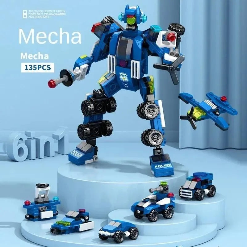 6-In-1 City Police Truck Mech Dinosaur Building Blocks, Tank Helicopter Fire Fighting Bricks, Kids Educational Toy