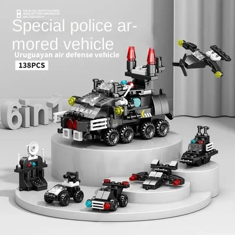 6-In-1 City Police Truck Mech Dinosaur Building Blocks, Tank Helicopter Fire Fighting Bricks, Kids Educational Toy