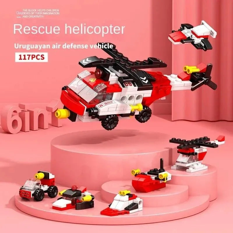 6-In-1 City Police Truck Mech Dinosaur Building Blocks, Tank Helicopter Fire Fighting Bricks, Kids Educational Toy