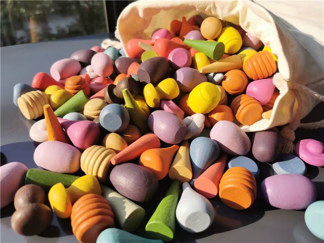 Children Rainbow Wood Blocks Loose Parts Toy Mushrooms Montessori Wooden Droplets Jigsaw