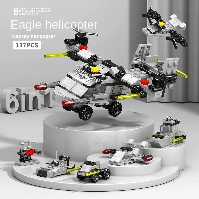6-In-1 City Police Truck Mech Dinosaur Building Blocks, Tank Helicopter Fire Fighting Bricks, Kids Educational Toy