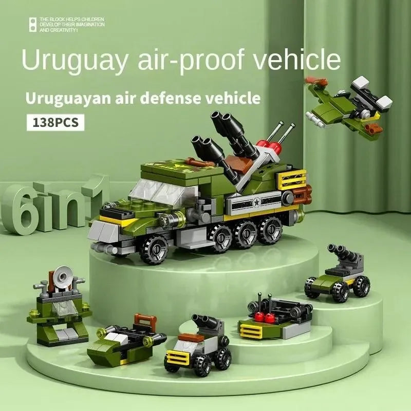 6-In-1 City Police Truck Mech Dinosaur Building Blocks, Tank Helicopter Fire Fighting Bricks, Kids Educational Toy
